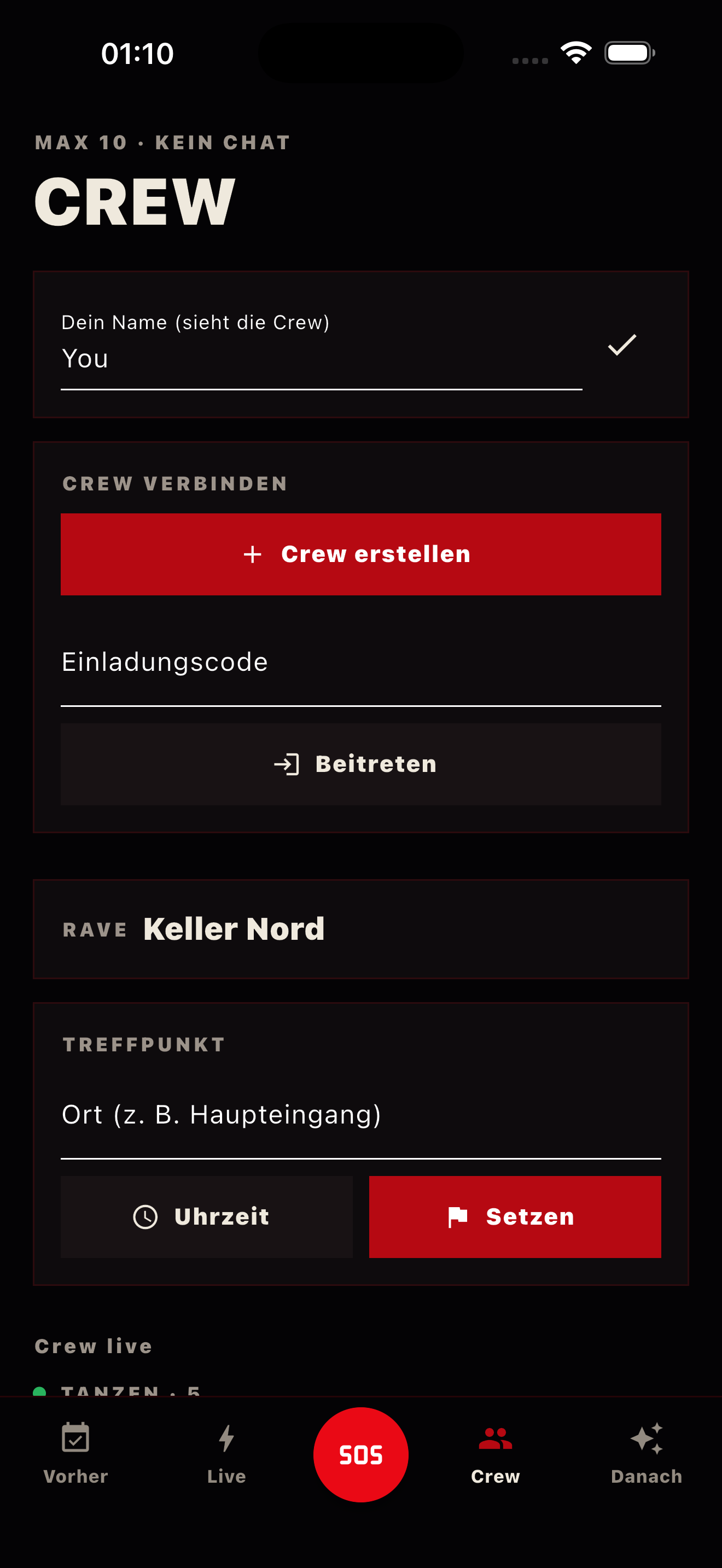 Crew-Screen: Treffpunkt und Live-Board