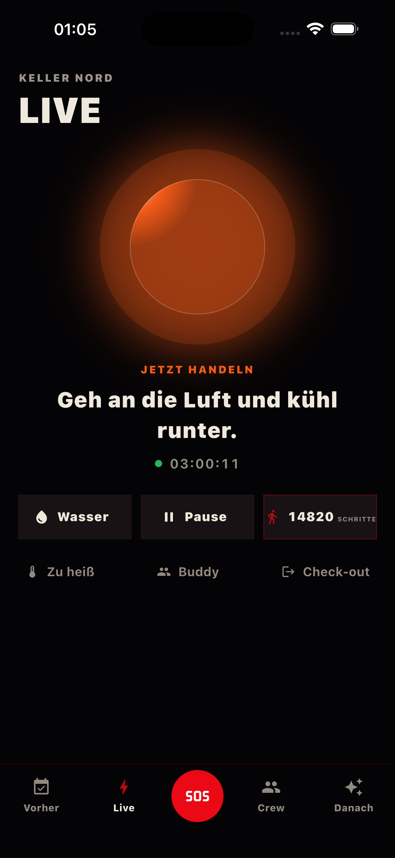 Live-Screen: glühender Status-Puls, Schrittzähler, SOS
