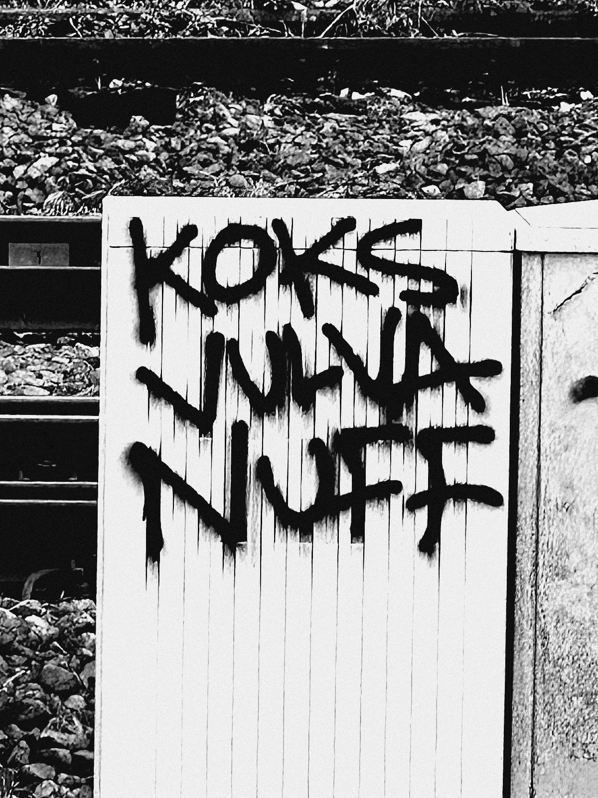 Schriftzug Koks Vulva Nuff auf einem Schaltkasten an Bahngleisen