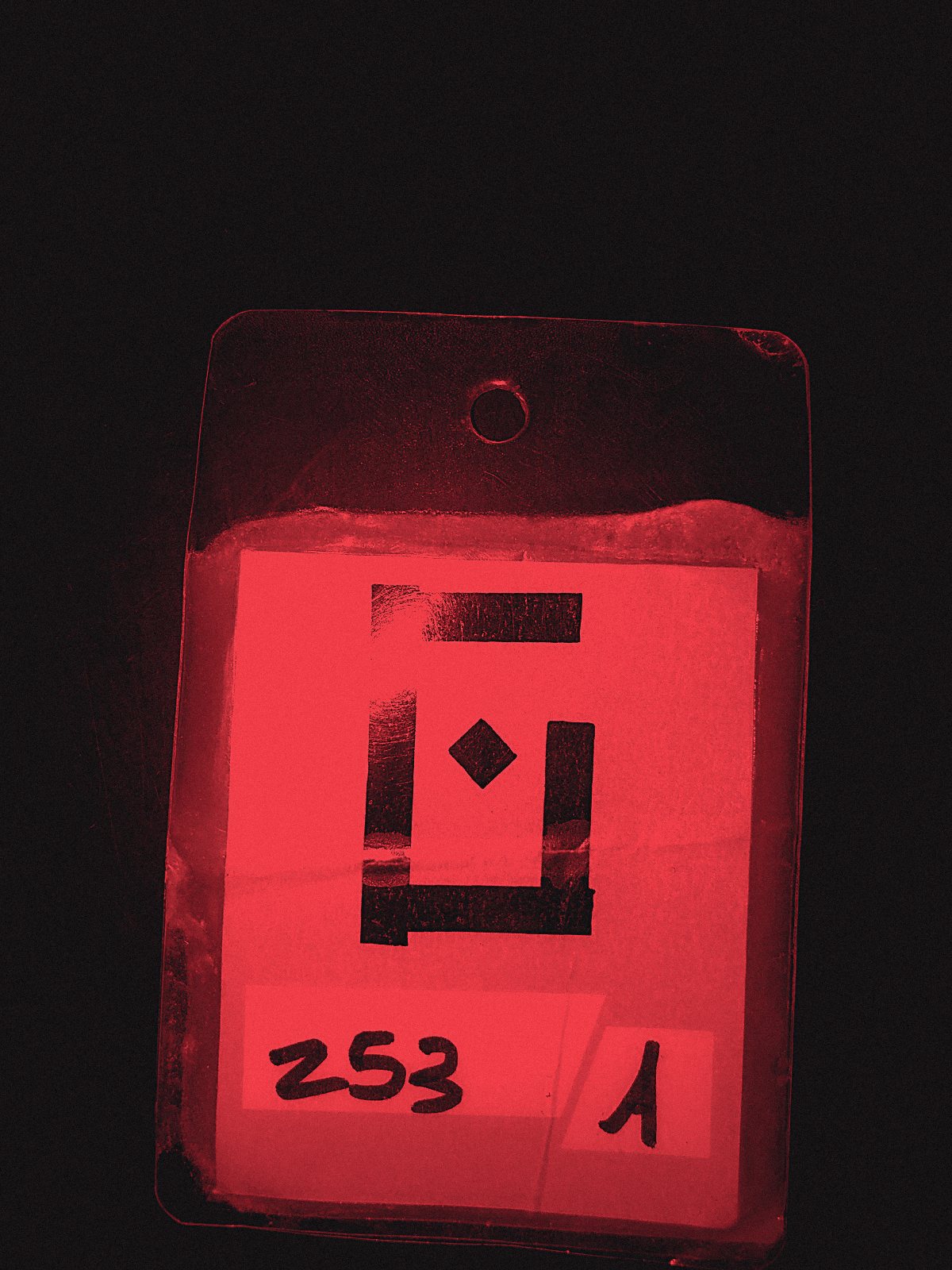 Garderobenmarke 253 in rotem Licht